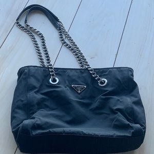 Prada Black Nylon with  Chain and leather Shoulder Bag l